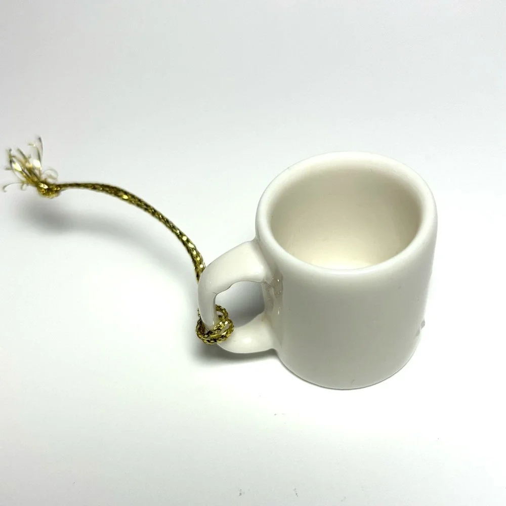 “SANDY” Miniature Ceramic Mug Coffee Cup Christmas Ornament Gift Tag Tie-on